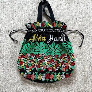 Vintage Beaded Aloha Hawaii Drawstring Tote Bag Pineapple Design Beach Theme